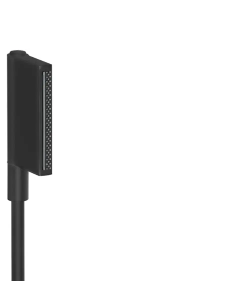 Schwarze Handbrause von AXOR mit zwei Strahlarten. Das Produkt hat eine schlichte Form und ist für die Wandmontage konzipiert.